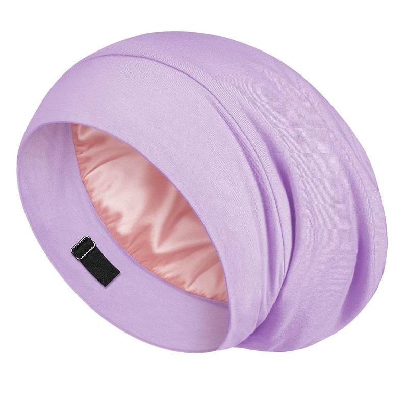 LULUSILK Mulberry Silk Lined Sleep Cap, No More Frizzy Tangled Hair, Stay On All Night Silk Hair Wrap for Sleeping with Adjustable Strap, Silk Bonnet for Women and Men, Lavender, Pack of 1 - Image 1